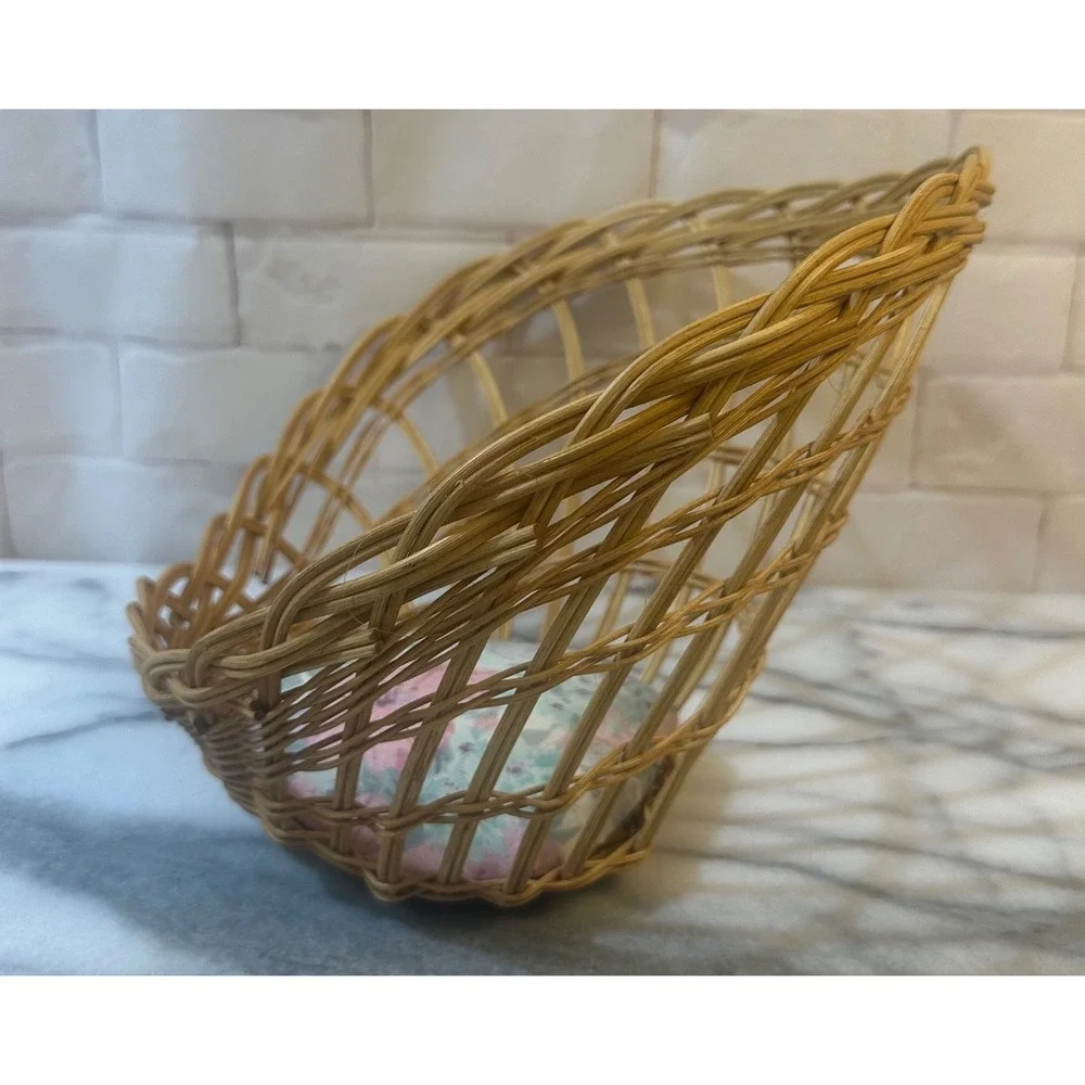 Vintage Wicker Slanted Display Basket with Floral Pincushion Base Natural Rattan